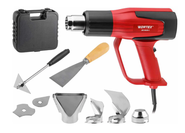 Термовоздуходувка WORTEX HG 6020-1 в чемодане  + набор сопл 2000 Вт